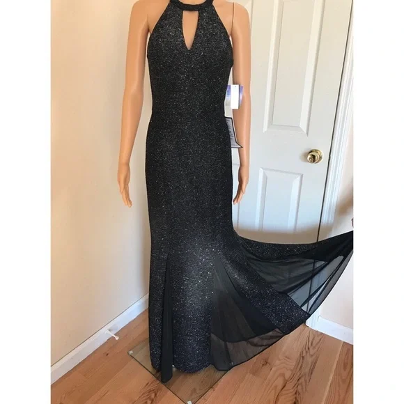 NE Nightway Black + Silver Glitter Knit Teardrop Gown - Picture 4 of 7
